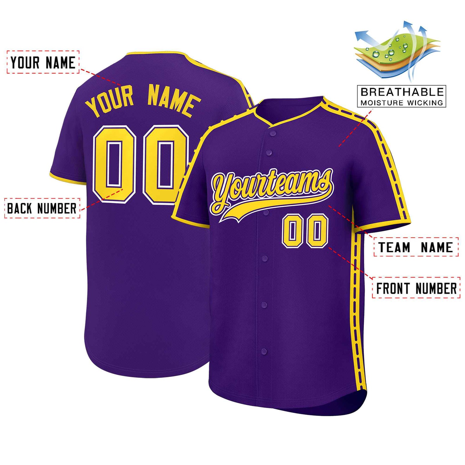 Custom Purple Gold Color Block Personalized Side Dotted Line Authentic Baseball Jersey