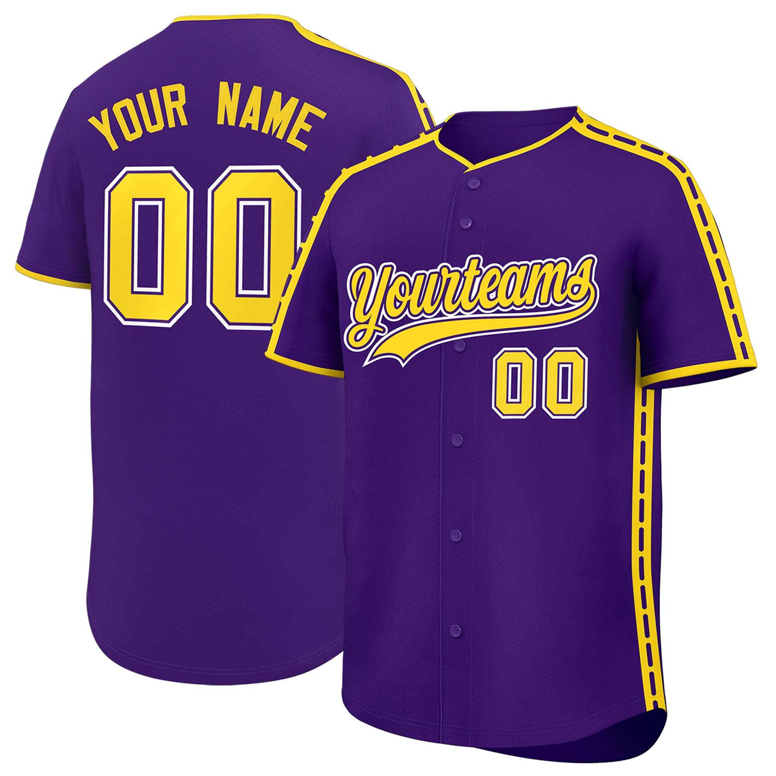 Custom Purple Gold Color Block Personalized Side Dotted Line Authentic Baseball Jersey