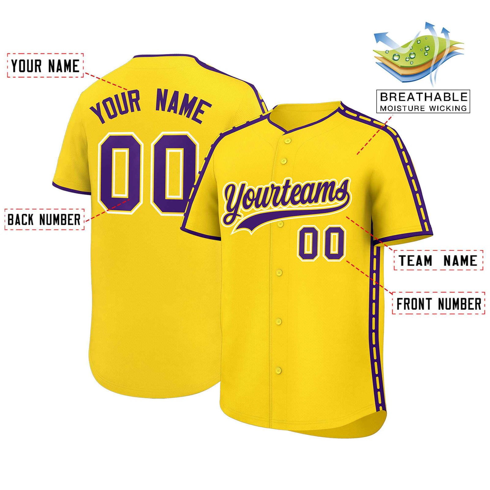 Custom Gold Purple Color Block Personalized Side Dotted Line Authentic Baseball Jersey