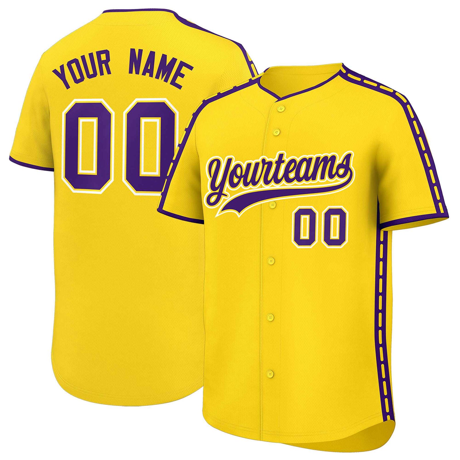 Custom Gold Purple Color Block Personalized Side Dotted Line Authentic Baseball Jersey