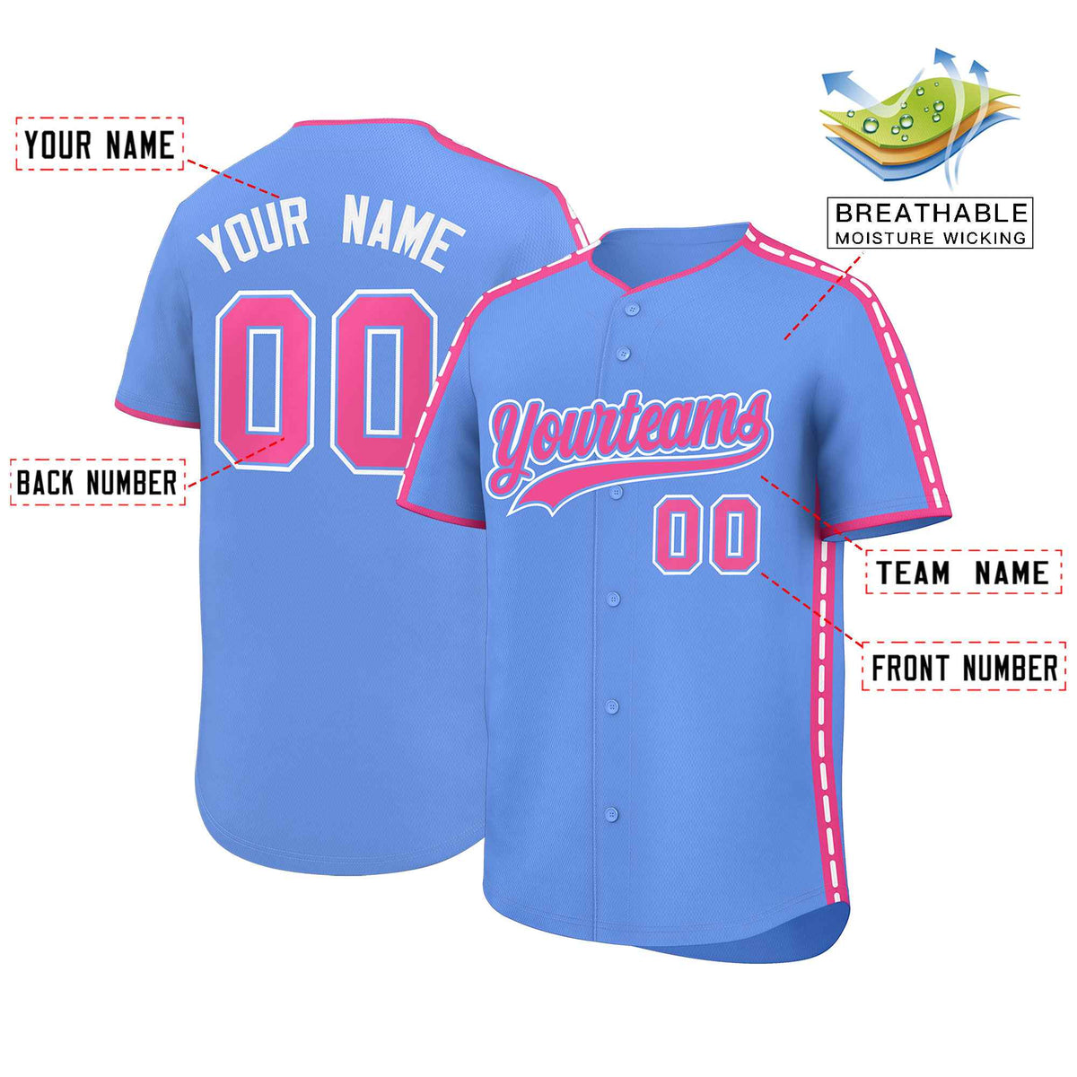 Custom Light Blue Pink Color Block Personalized Side Dotted Line Authentic Baseball Jersey