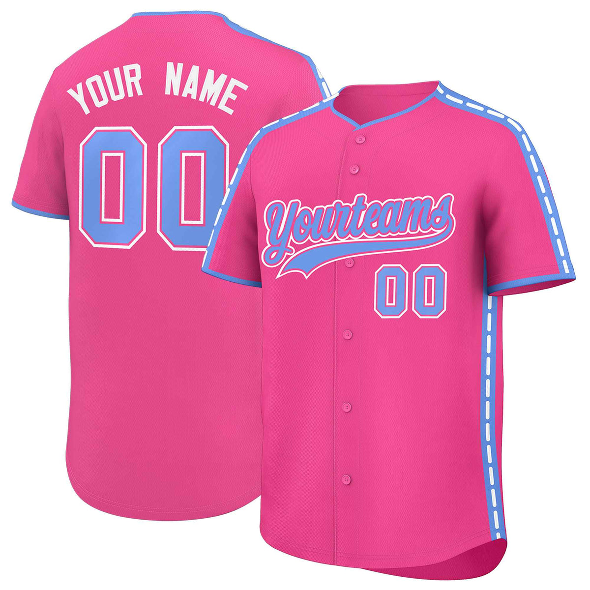 Custom Pink Light Blue Color Block Personalized Side Dotted Line Authentic Baseball Jersey