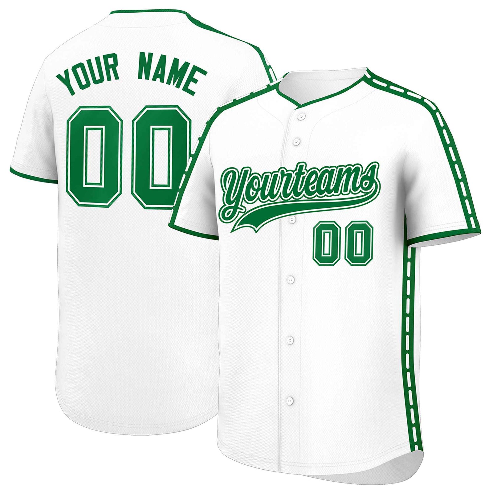 Custom White Kelly Green Color Block Personalized Side Dotted Line Authentic Baseball Jersey