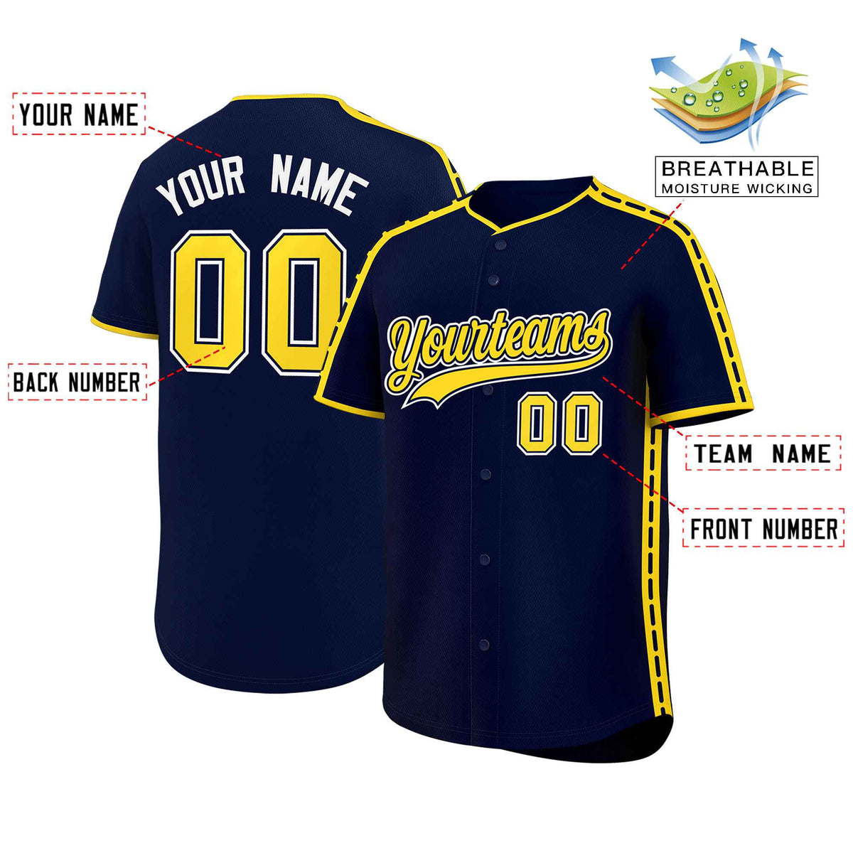 Custom Navy Gold Color Block Personalized Side Dotted Line Authentic Baseball Jersey