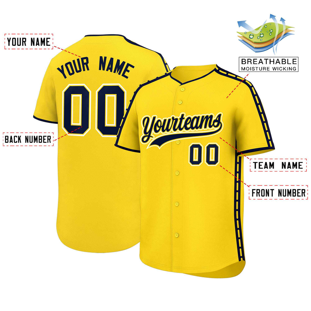 Custom Gold Navy Color Block Personalized Side Dotted Line Authentic Baseball Jersey