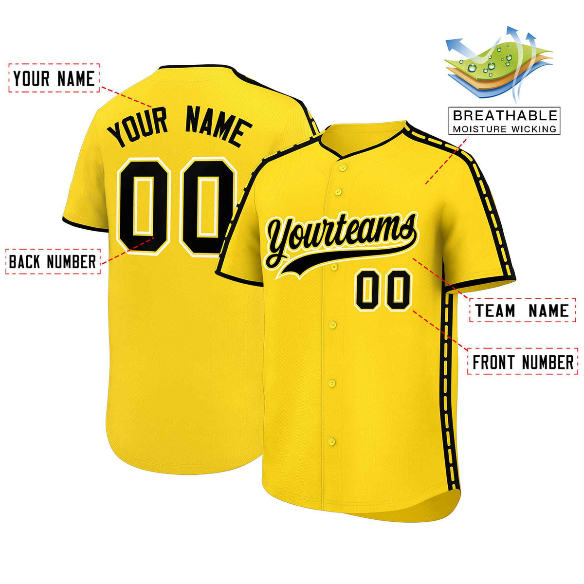 Custom Gold Black Color Block Personalized Side Dotted Line Authentic Baseball Jersey
