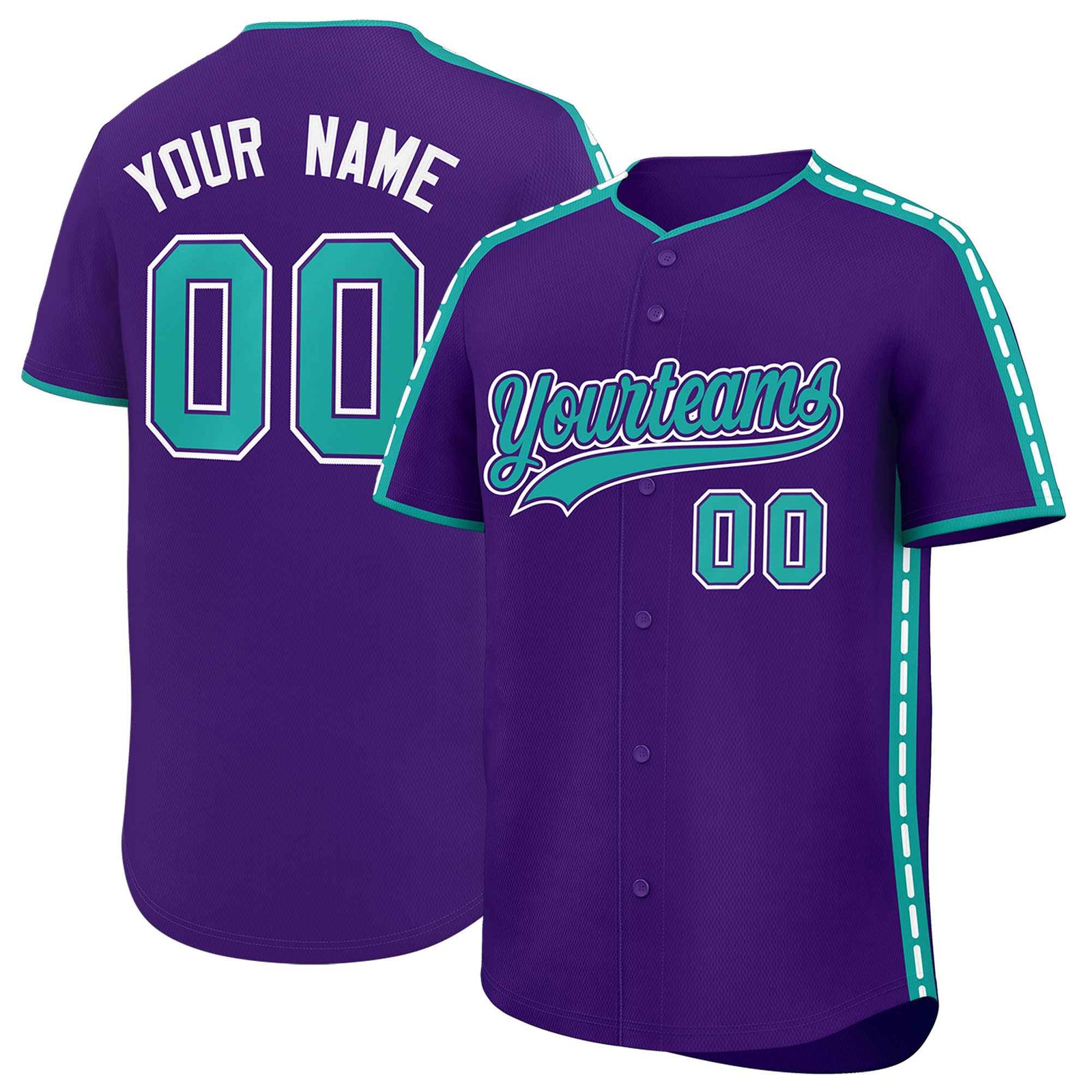 Custom Purple Aqua Color Block Personalized Side Dotted Line Authentic Baseball Jersey