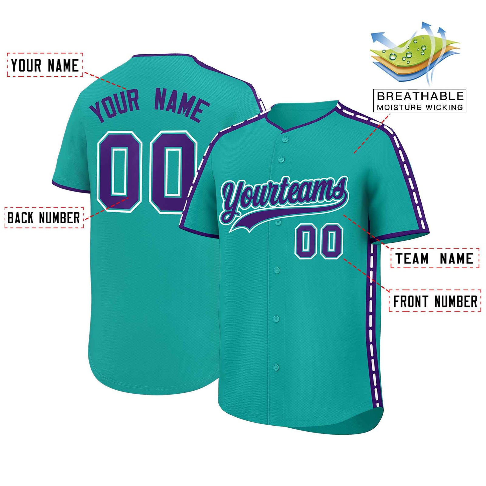 Custom Aqua Purple Color Block Personalized Side Dotted Line Authentic Baseball Jersey
