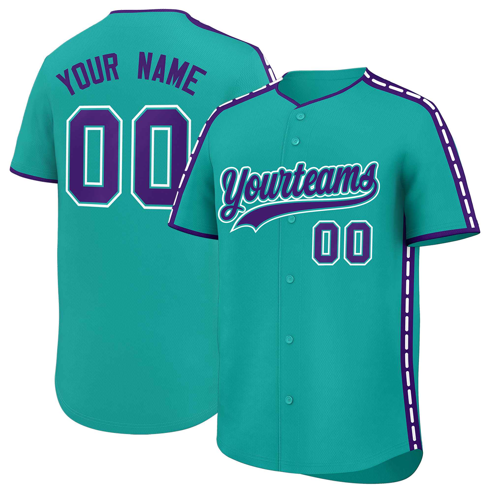 Custom Aqua Purple Color Block Personalized Side Dotted Line Authentic Baseball Jersey
