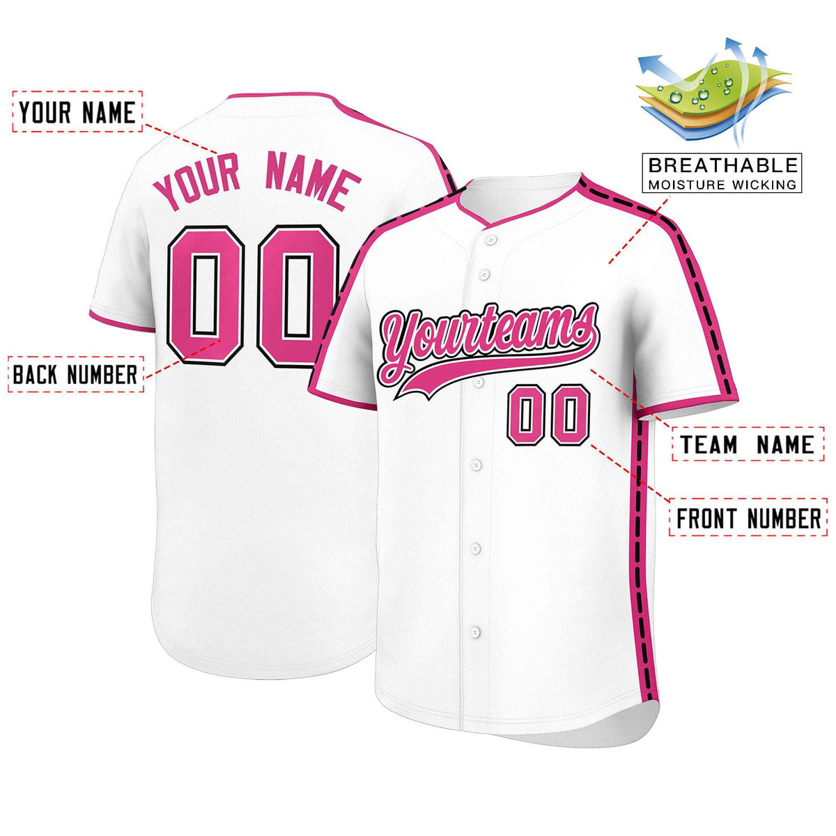 Custom White Pink Color Block Personalized Side Dotted Line Authentic Baseball Jersey