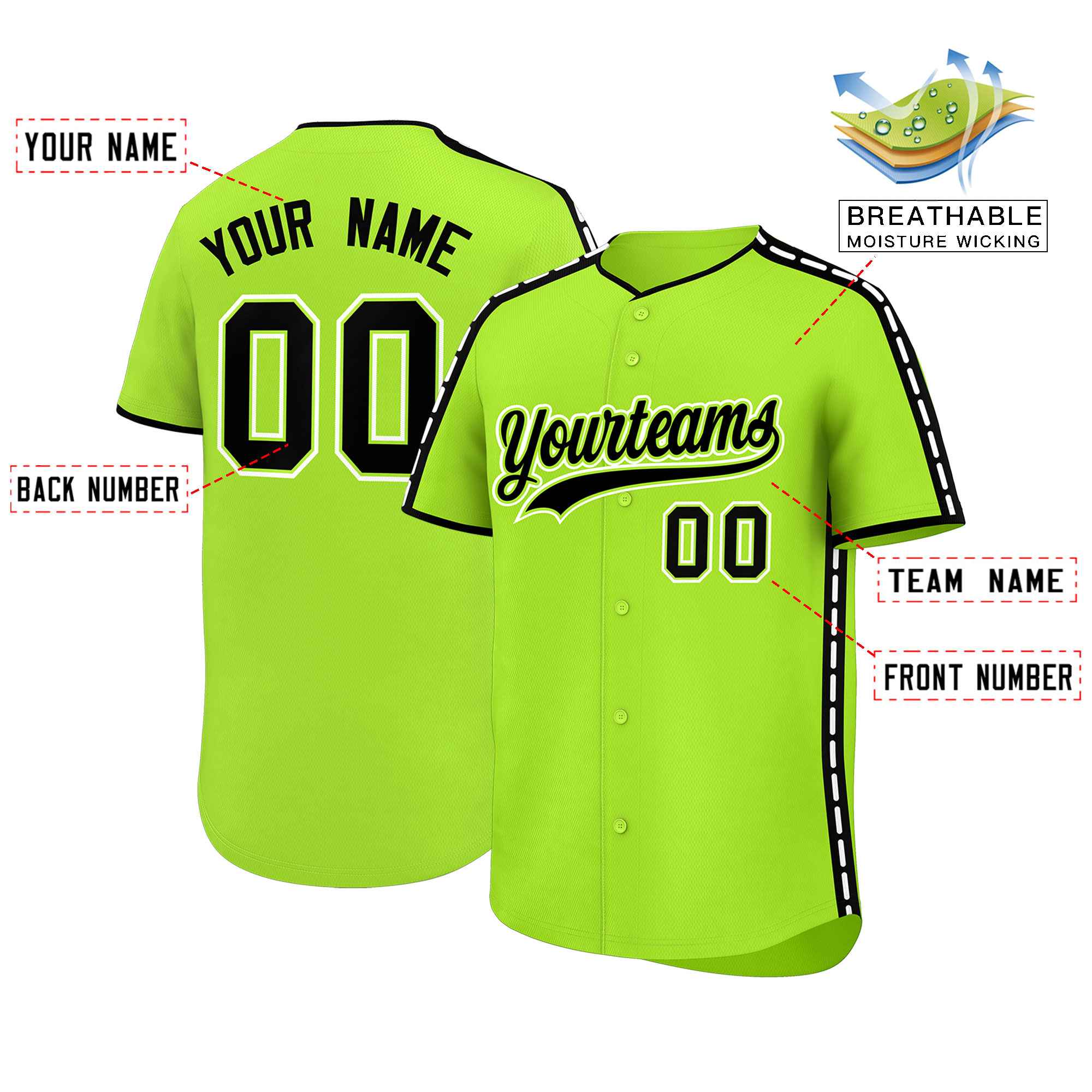 Custom Light Green Black Color Block Personalized Side Dotted Line Authentic Baseball Jersey