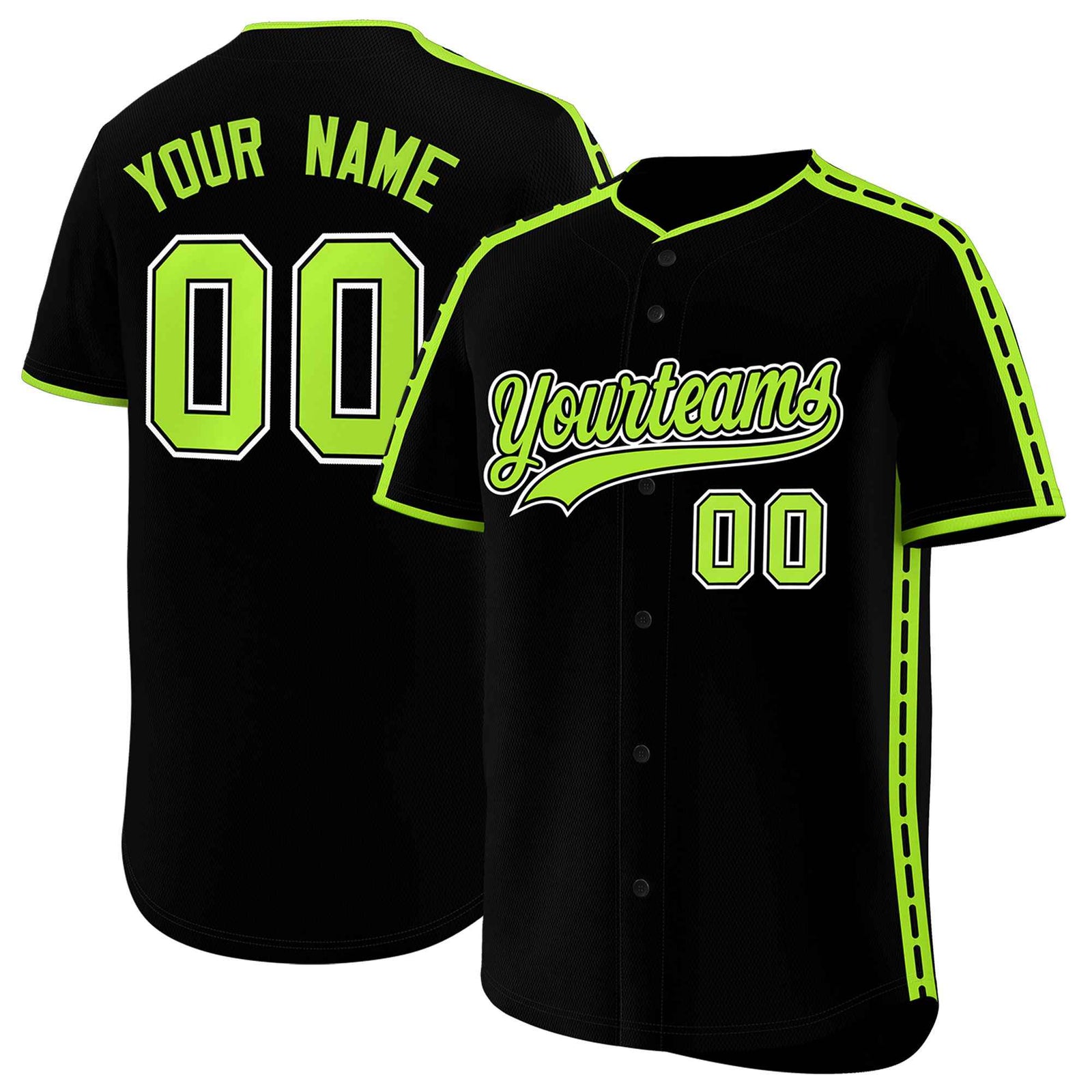 Custom Black Light Green Color Block Personalized Side Dotted Line Authentic Baseball Jersey