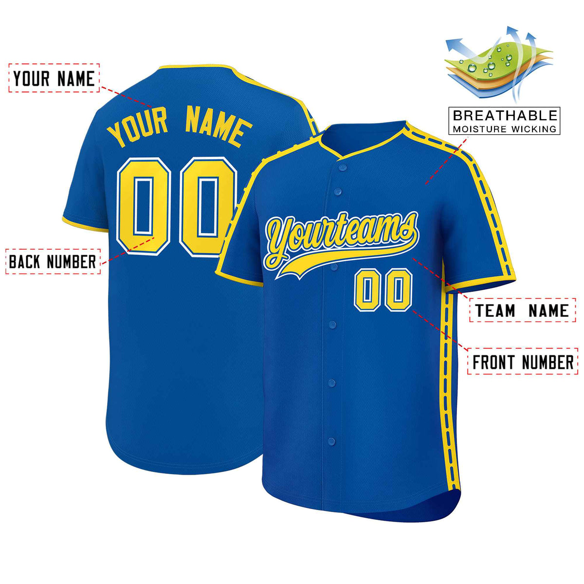 Custom Royal Gold Color Block Personalized Side Dotted Line Authentic Baseball Jersey