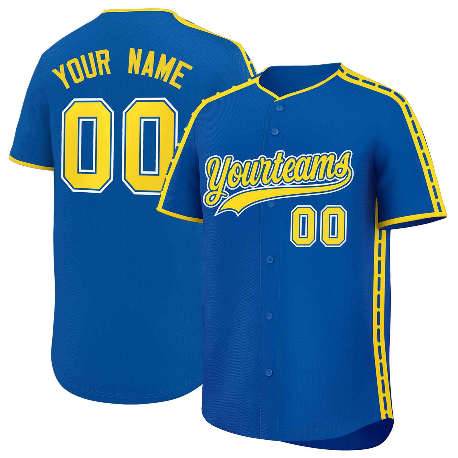 Custom Royal Gold Color Block Personalized Side Dotted Line Authentic Baseball Jersey