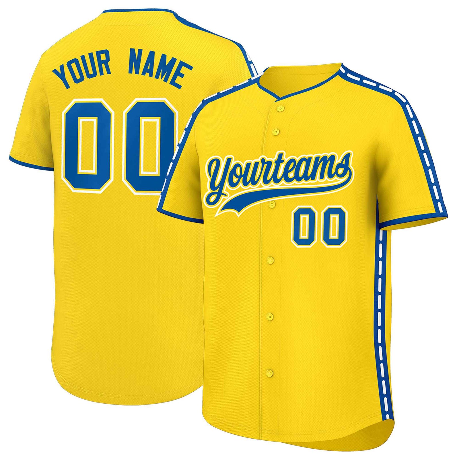 Custom Gold Royal Color Block Personalized Side Dotted Line Authentic Baseball Jersey