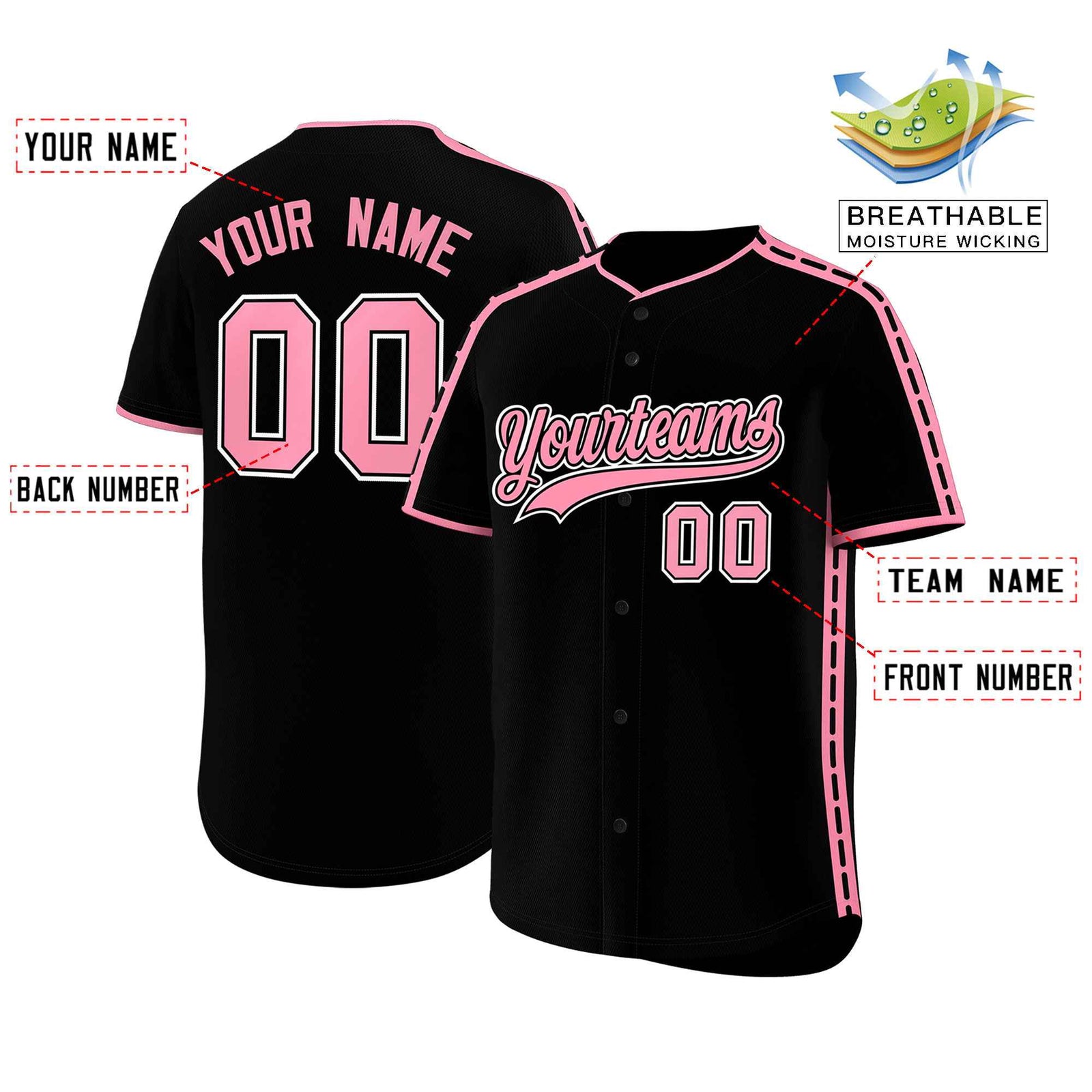 Custom Black Light Pink Color Block Personalized Side Dotted Line Authentic Baseball Jersey