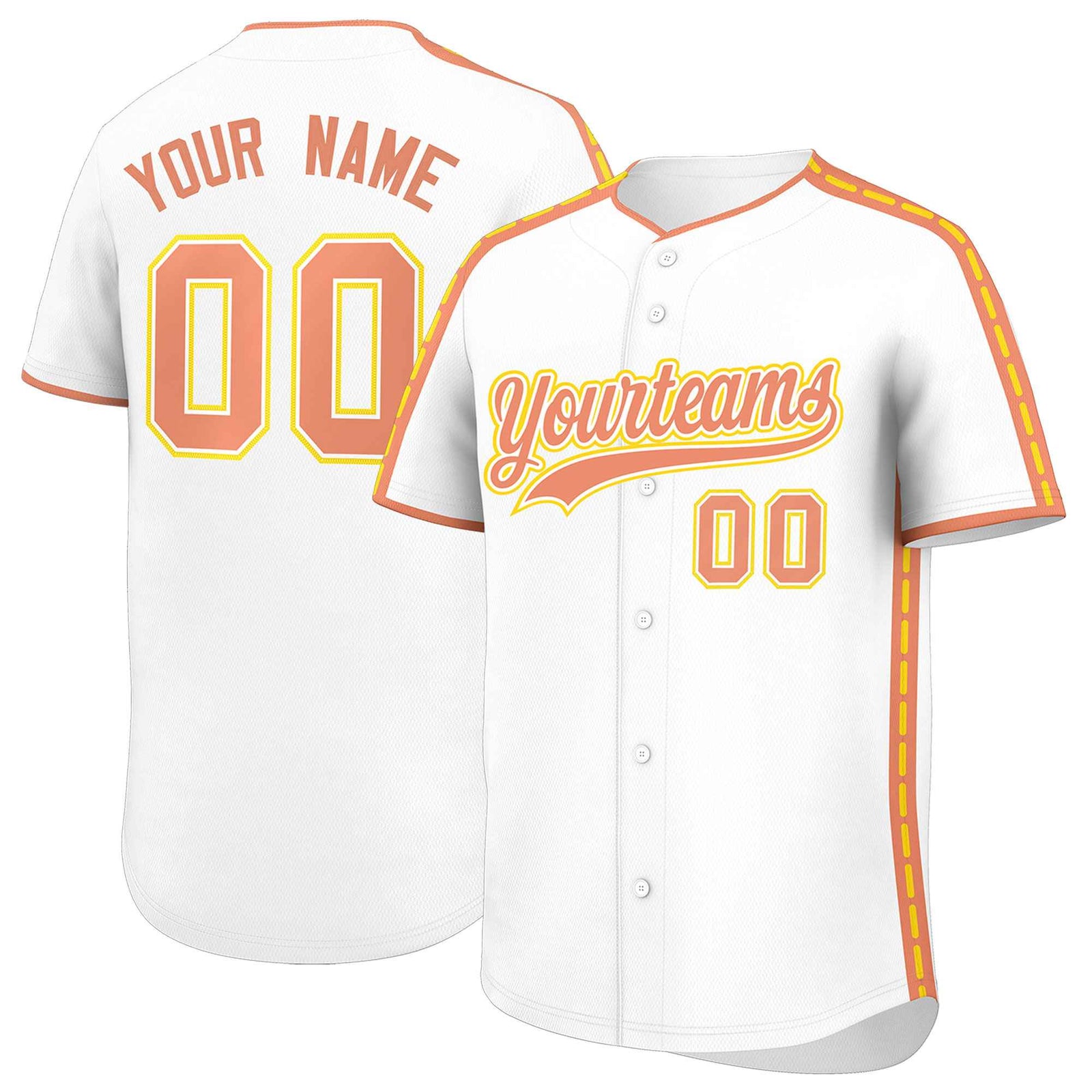 Custom White Light Orange Color Block Personalized Side Dotted Line Authentic Baseball Jersey