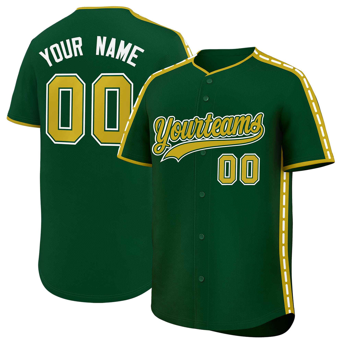 Custom Green Old Gold Color Block Personalized Side Dotted Line Authentic Baseball Jersey