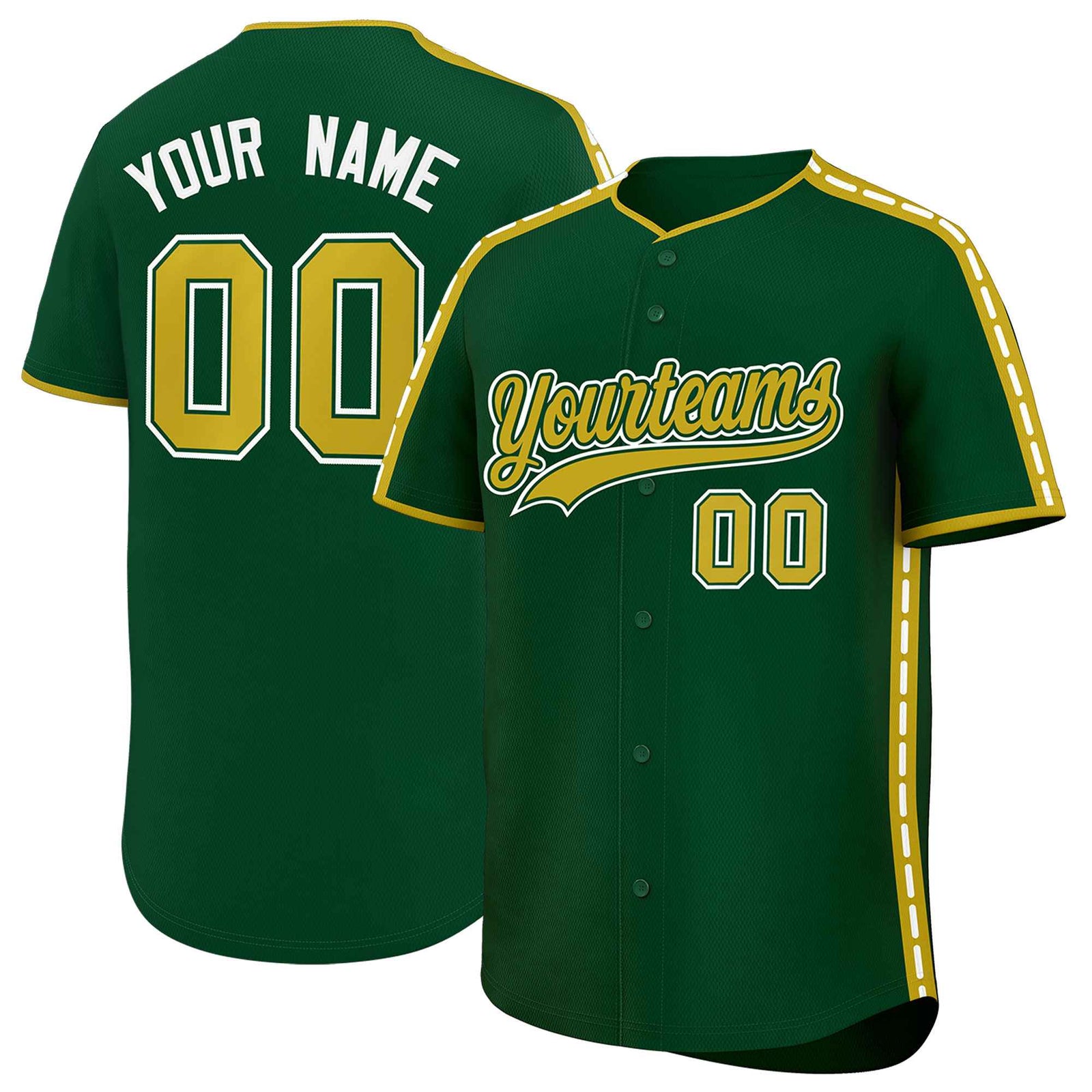 Custom Green Old Gold Color Block Personalized Side Dotted Line Authentic Baseball Jersey