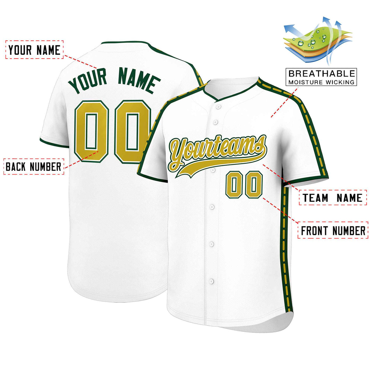 Custom White Green Color Block Personalized Side Dotted Line Authentic Baseball Jersey