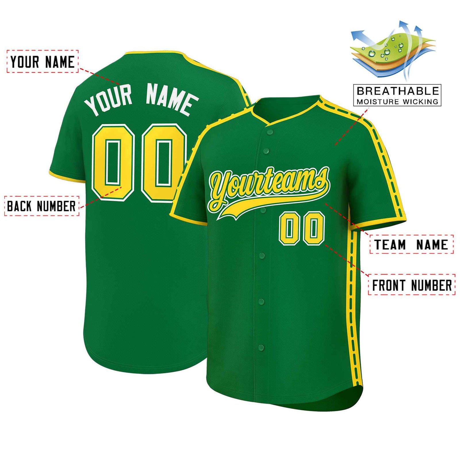 Custom Kelly Green Gold Color Block Personalized Side Dotted Line Authentic Baseball Jersey