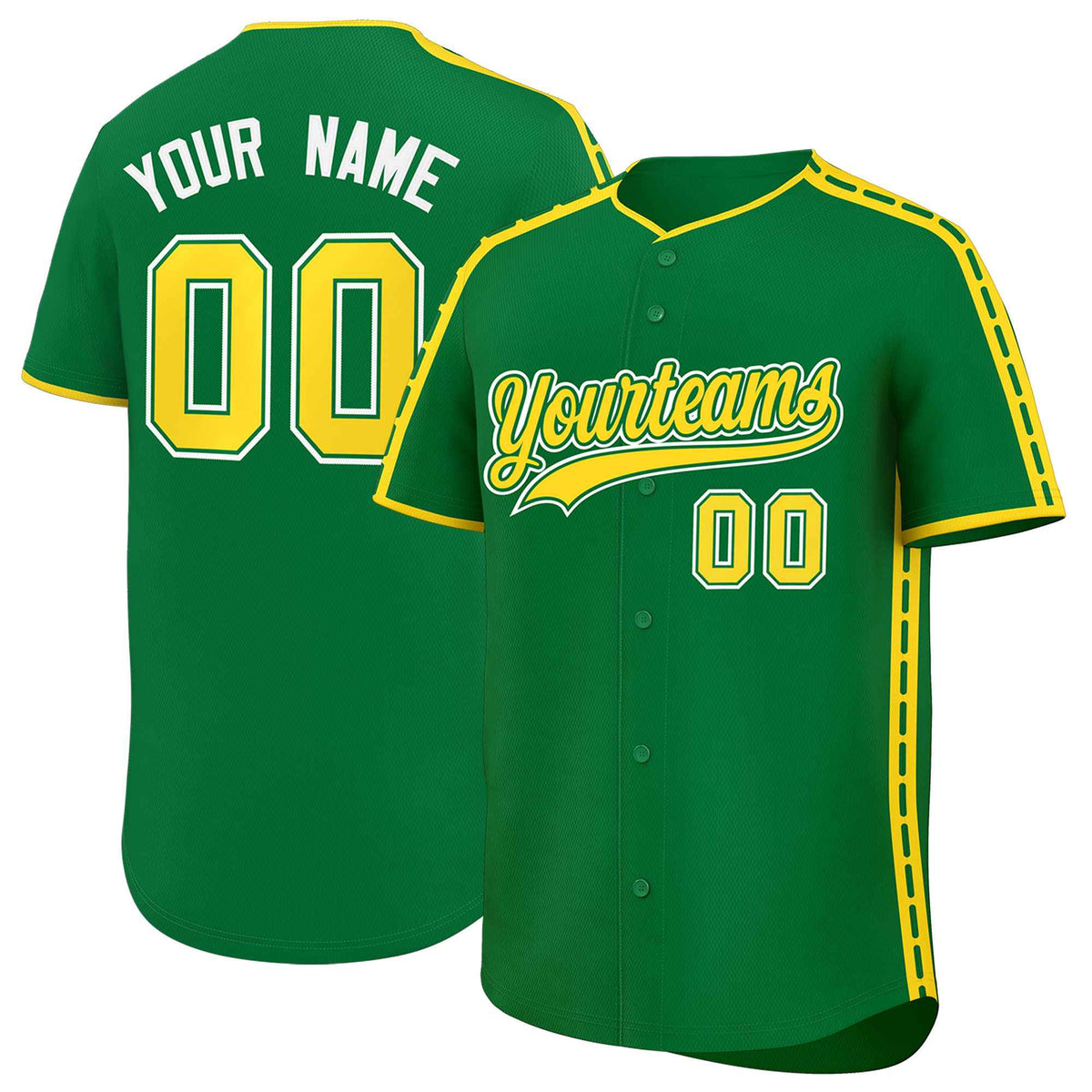 Custom Kelly Green Gold Color Block Personalized Side Dotted Line Authentic Baseball Jersey