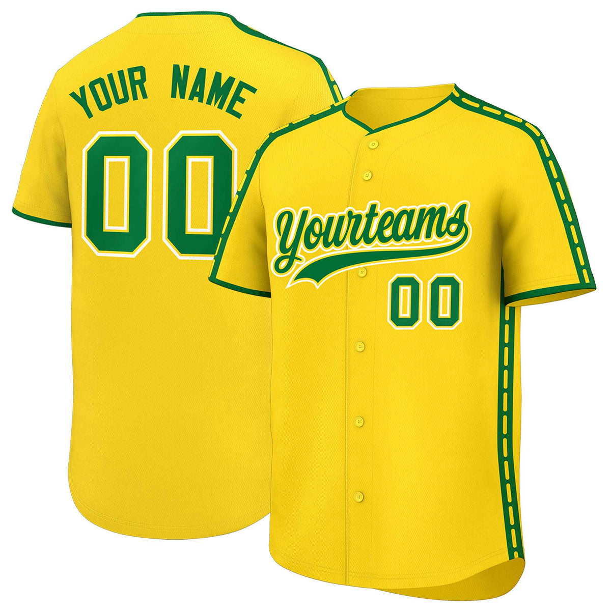 Custom Gold Kelly Green Color Block Personalized Side Dotted Line Authentic Baseball Jersey