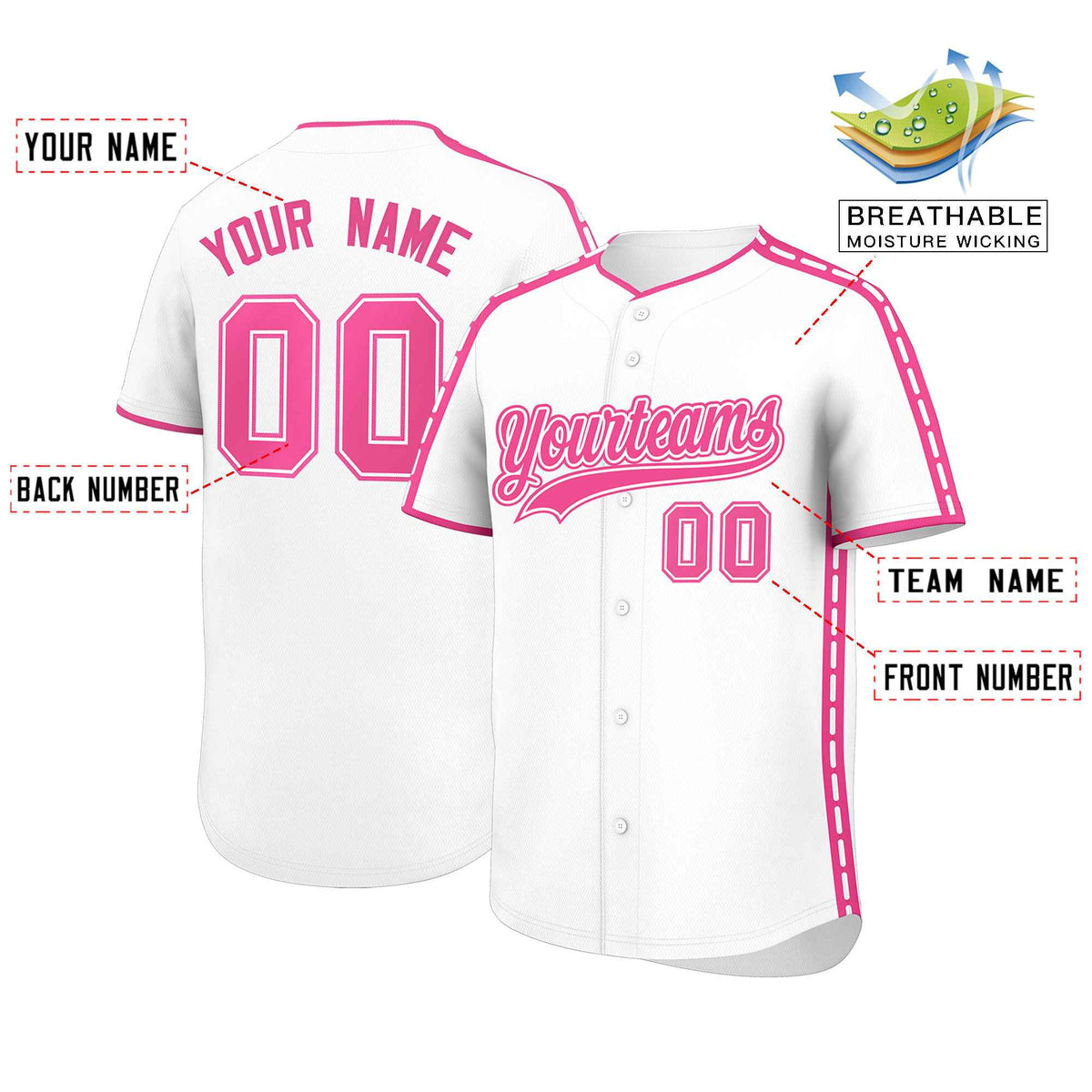 Custom White Pink Color Block Personalized Side Dotted Line Authentic Baseball Jersey
