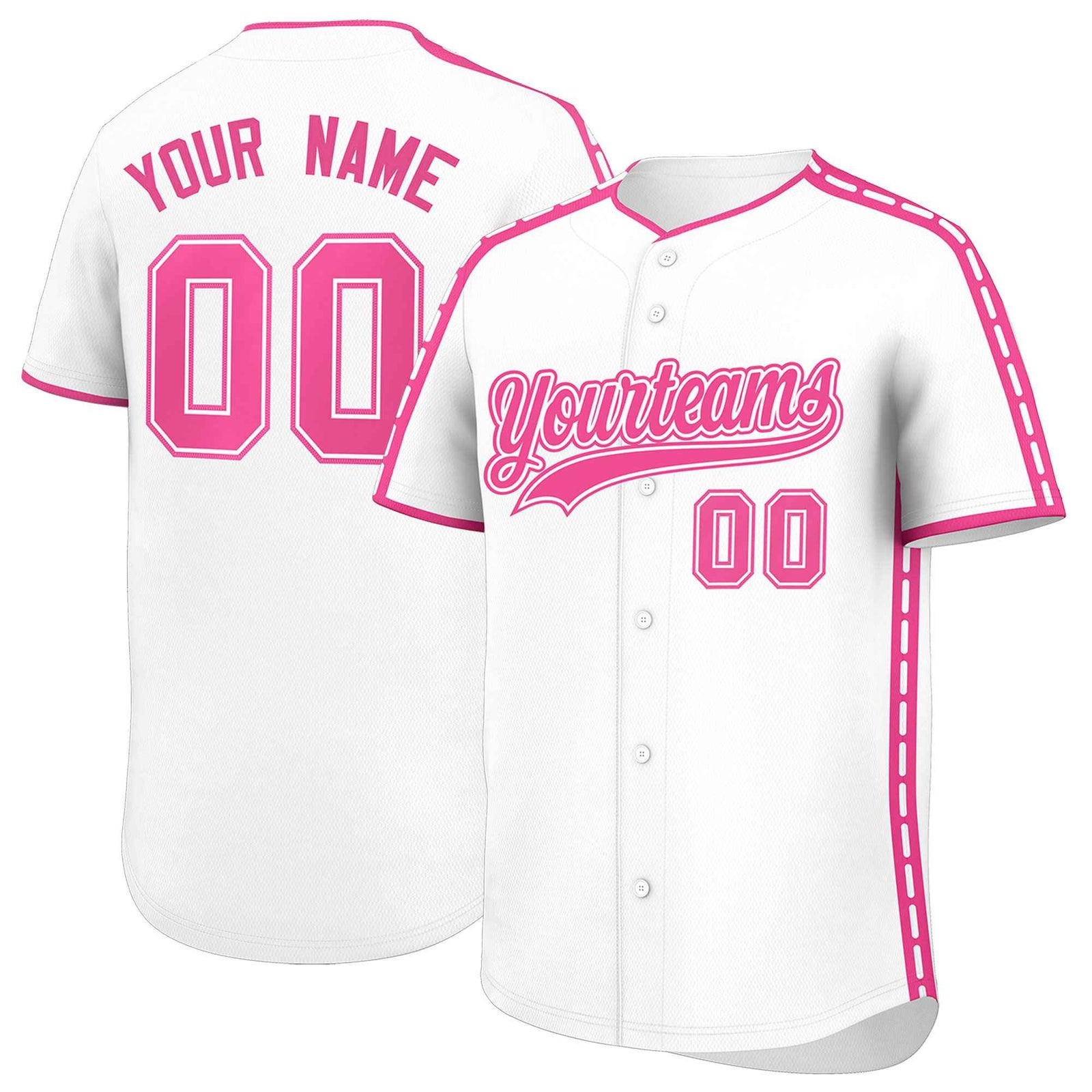 Custom White Pink Color Block Personalized Side Dotted Line Authentic Baseball Jersey