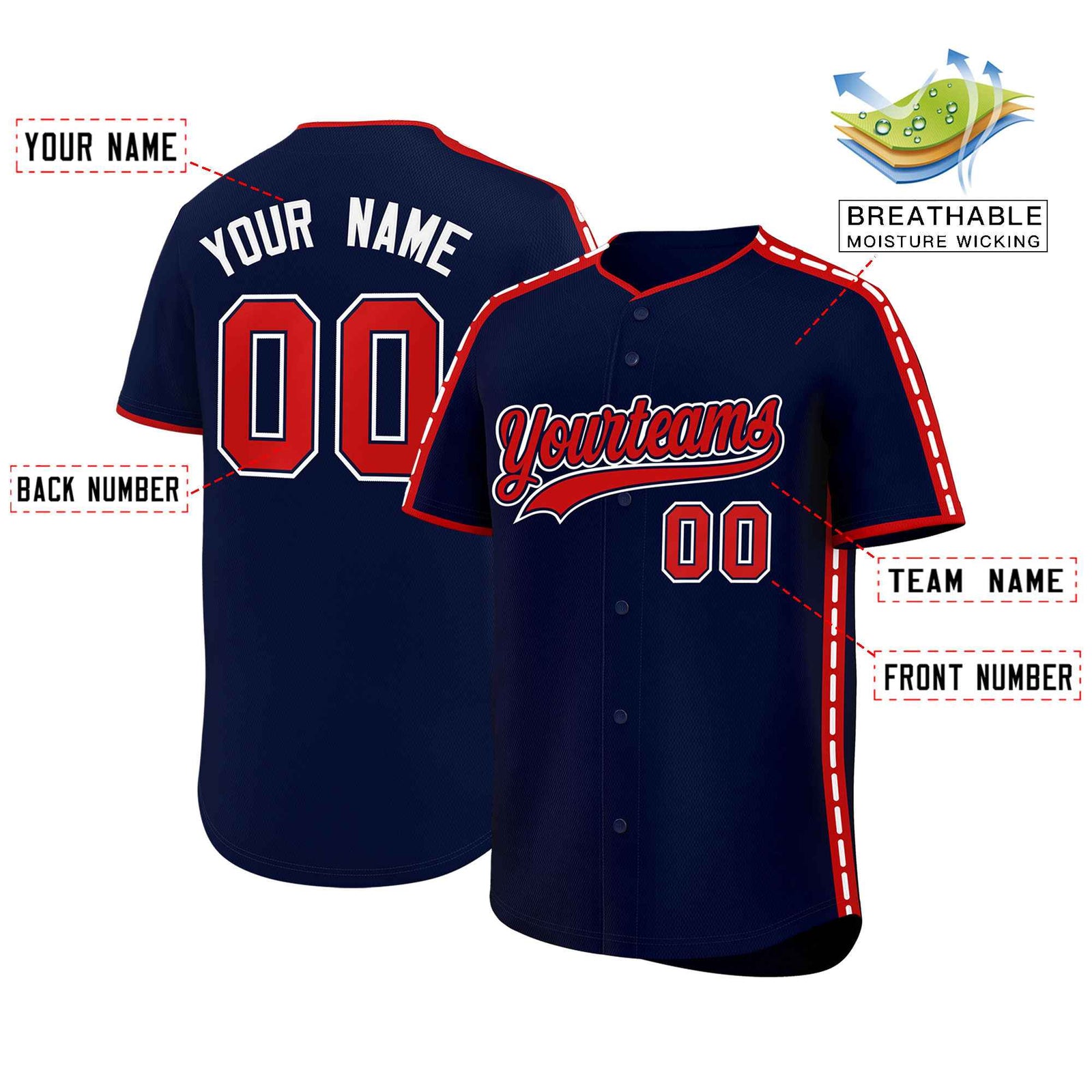 Custom Navy Red Color Block Personalized Side Dotted Line Authentic Baseball Jersey