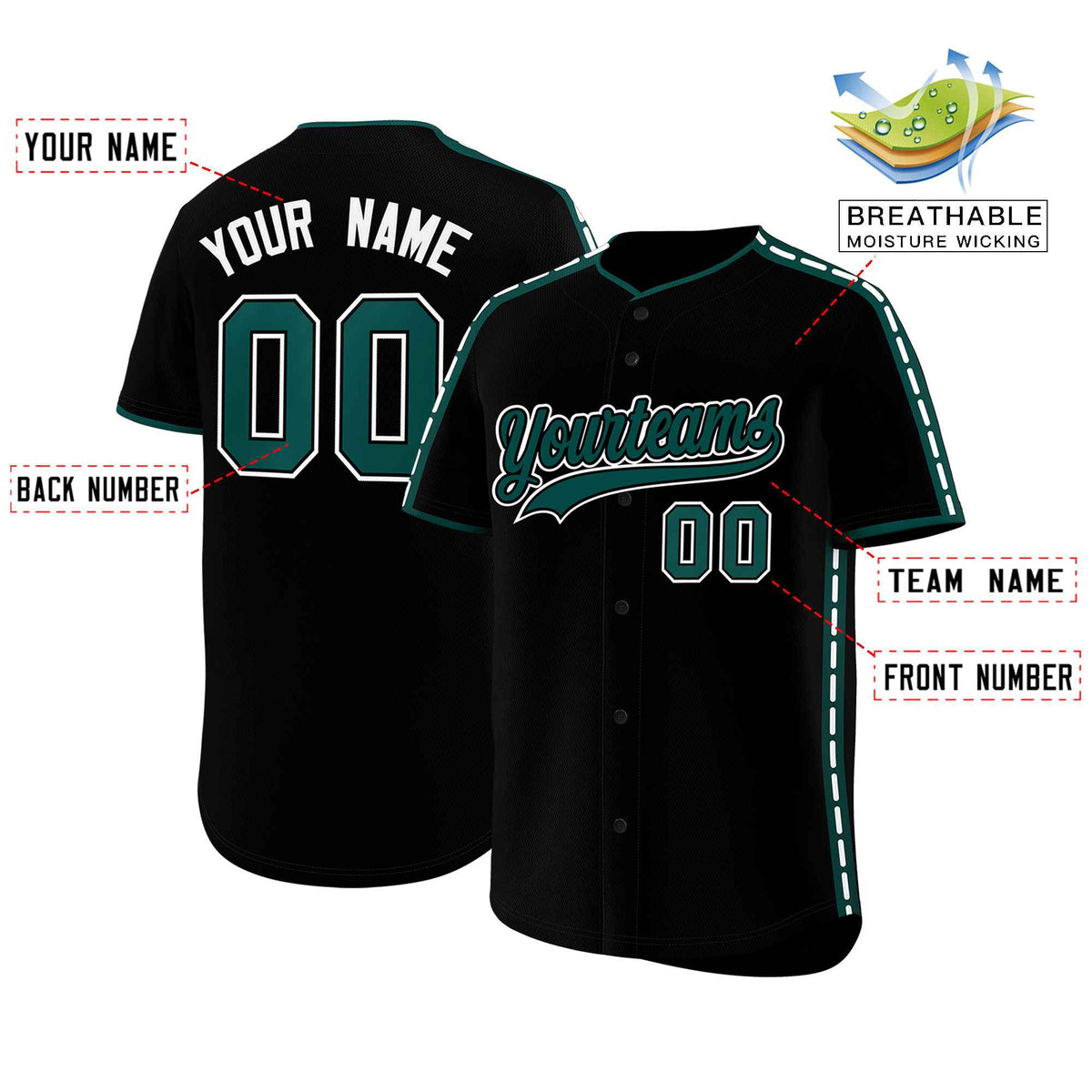Custom Black Midnight Green Color Block Personalized Side Dotted Line Authentic Baseball Jersey