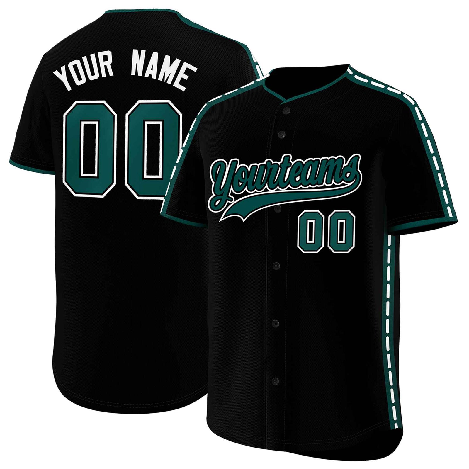 Custom Black Midnight Green Color Block Personalized Side Dotted Line Authentic Baseball Jersey