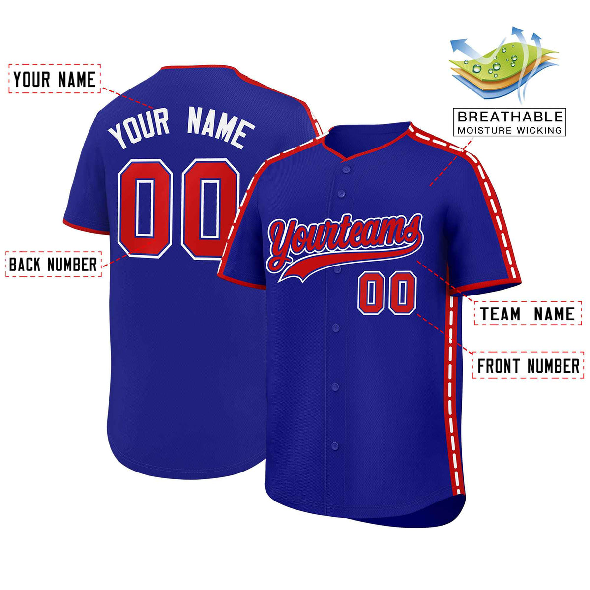 Custom Royal Red Color Block Personalized Side Dotted Line Authentic Baseball Jersey