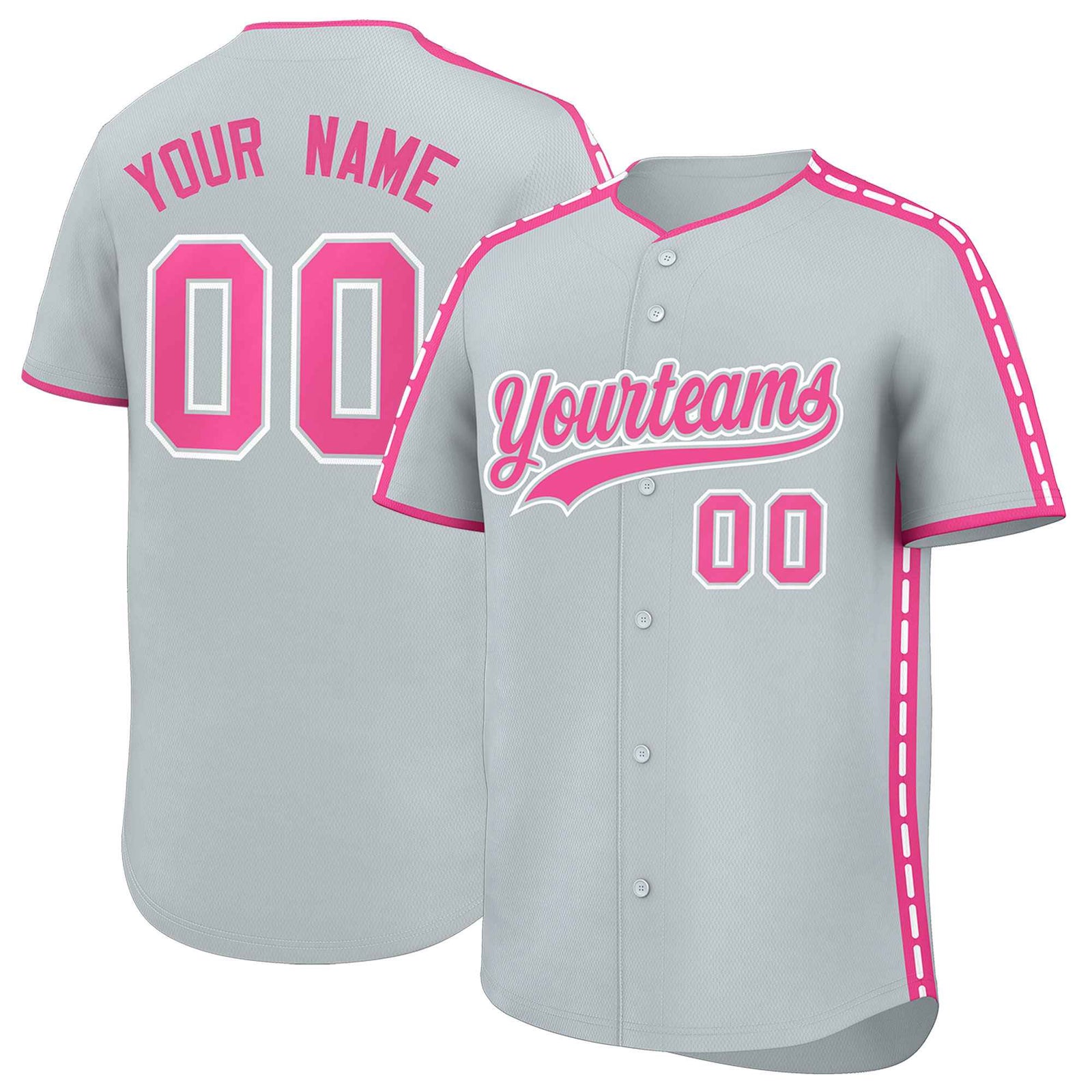 Custom Silver Pink Color Block Personalized Side Dotted Line Authentic Baseball Jersey