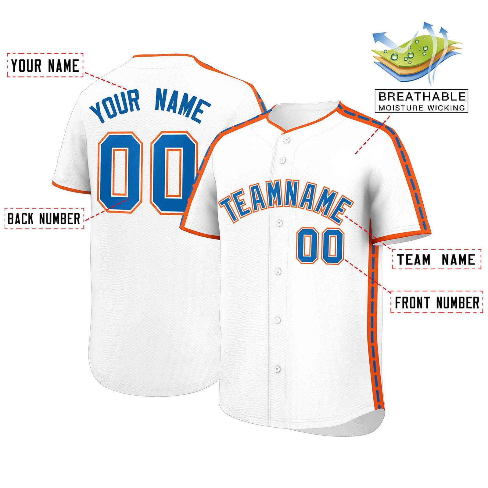 Custom White Orange Color Block Personalized Side Dotted Line Authentic Baseball Jersey