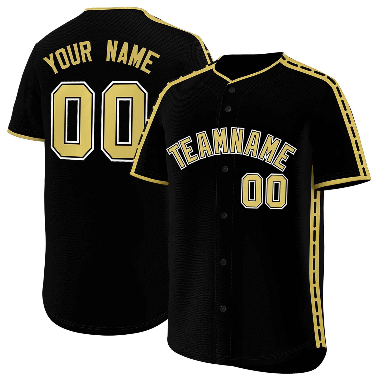 Custom Black Old Gold Color Block Personalized Side Dotted Line Authentic Baseball Jersey