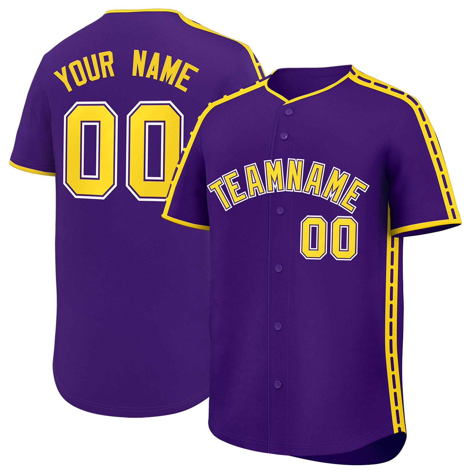 Custom Purple Gold Color Block Personalized Side Dotted Line Authentic Baseball Jersey