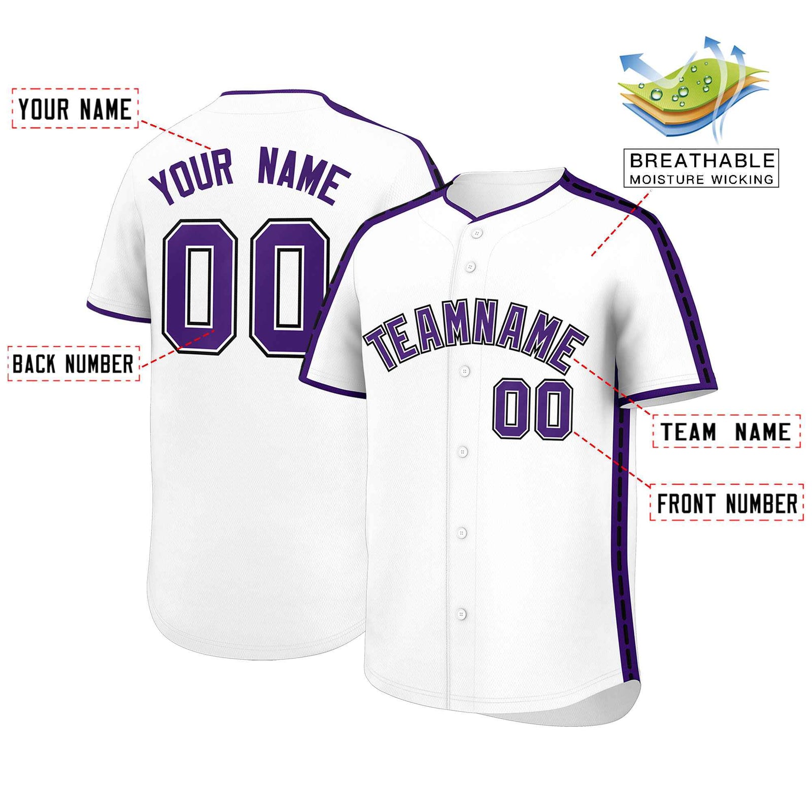 Custom White Purple Color Block Personalized Side Dotted Line Authentic Baseball Jersey