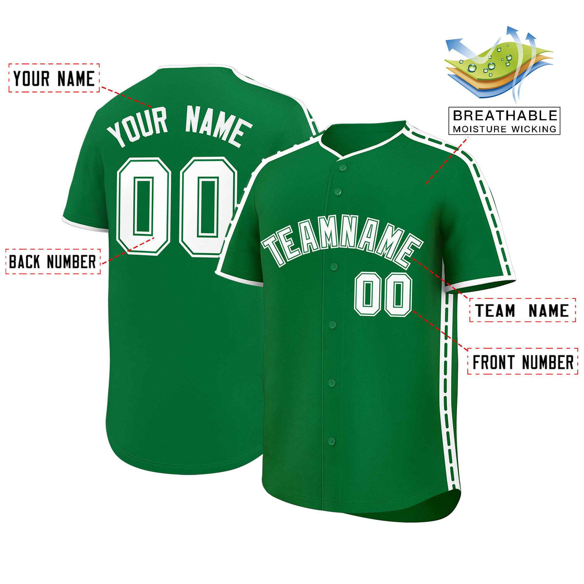 Custom Kelly Green White Color Block Personalized Side Dotted Line Authentic Baseball Jersey
