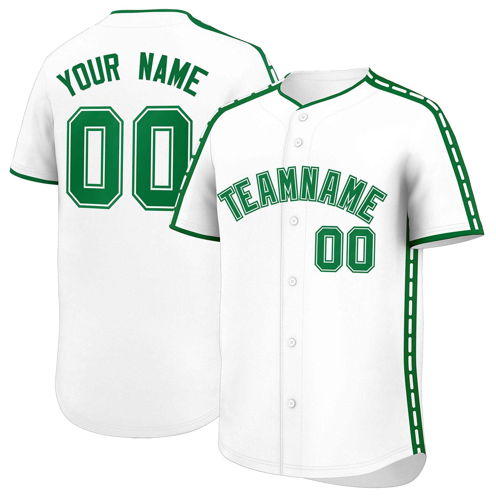 Custom White Kelly Green Color Block Personalized Side Dotted Line Authentic Baseball Jersey