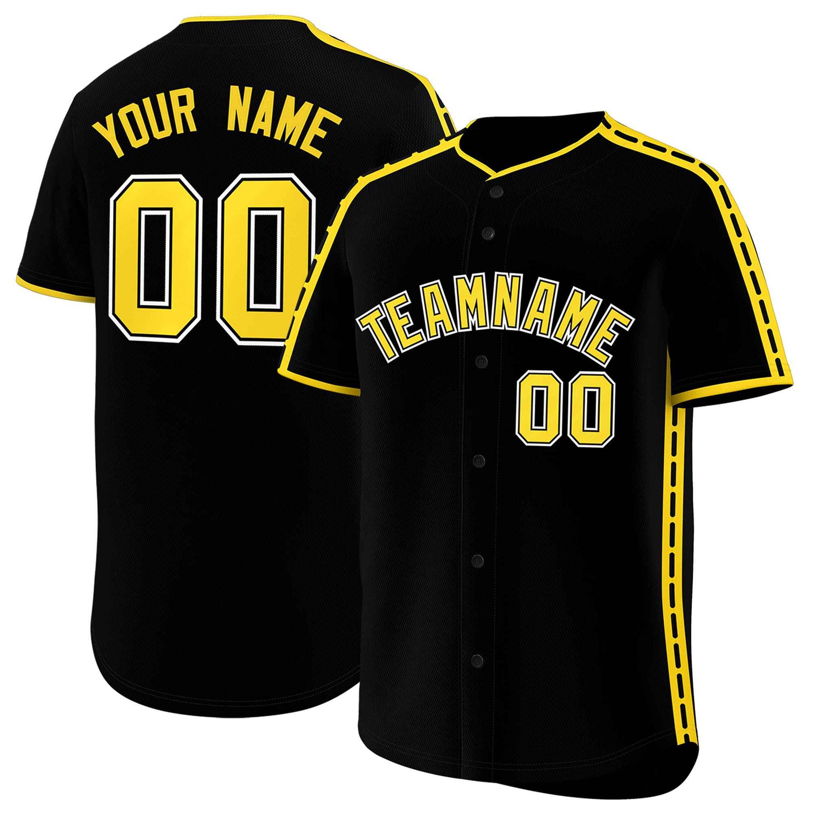 Custom Black Gold Color Block Personalized Side Dotted Line Authentic Baseball Jersey