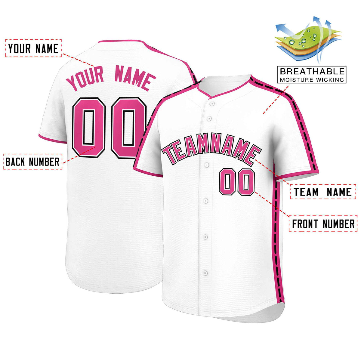 Custom White Pink Color Block Personalized Side Dotted Line Authentic Baseball Jersey