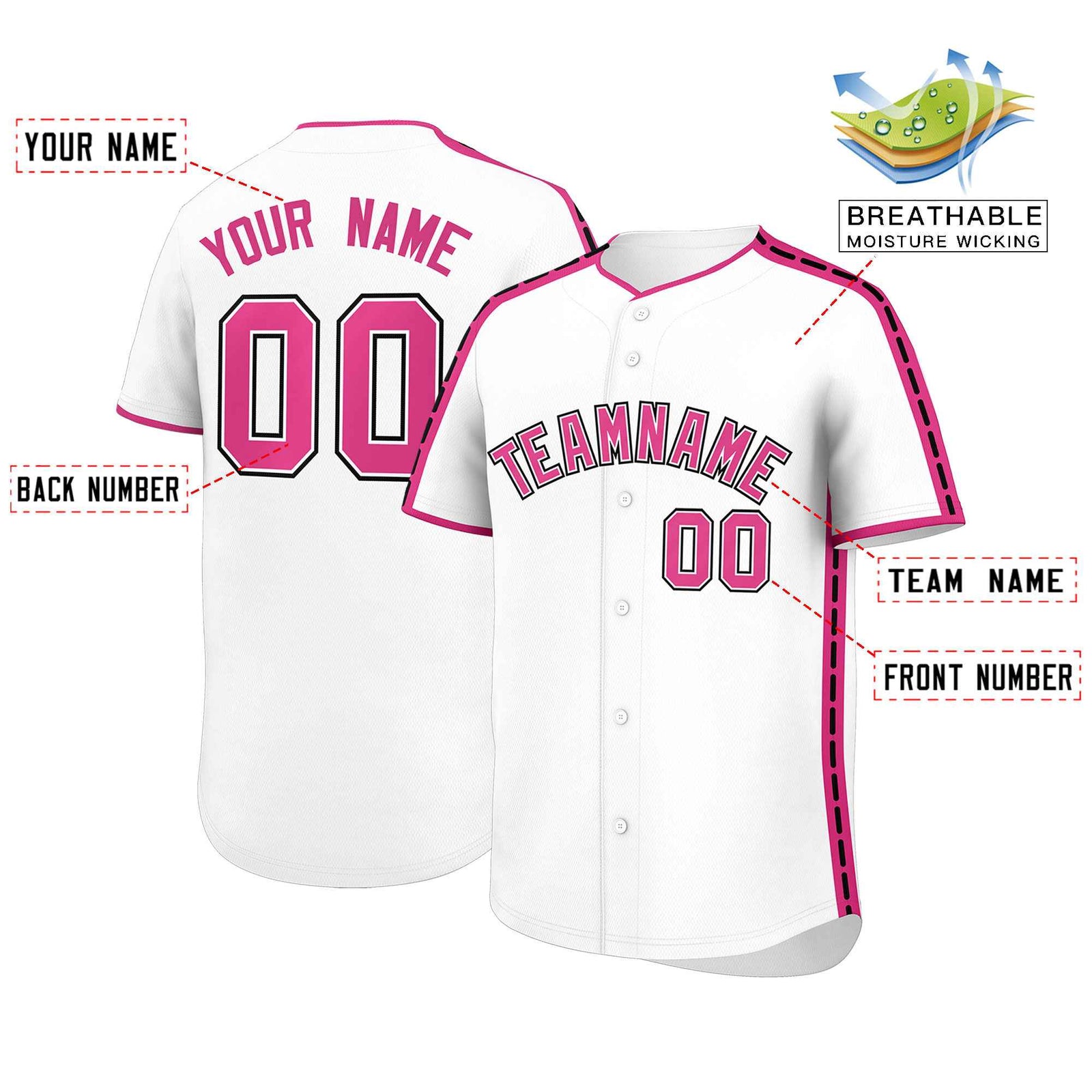 Custom White Pink Color Block Personalized Side Dotted Line Authentic Baseball Jersey