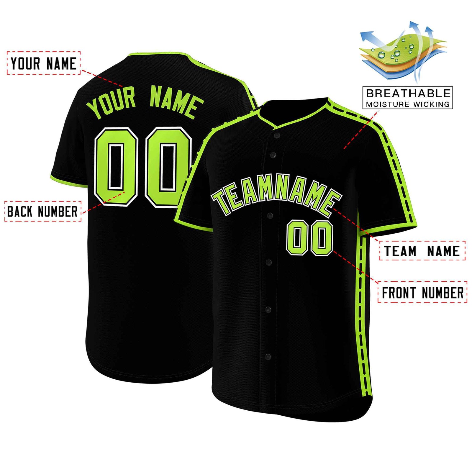 Custom Black Light Green Color Block Personalized Side Dotted Line Authentic Baseball Jersey