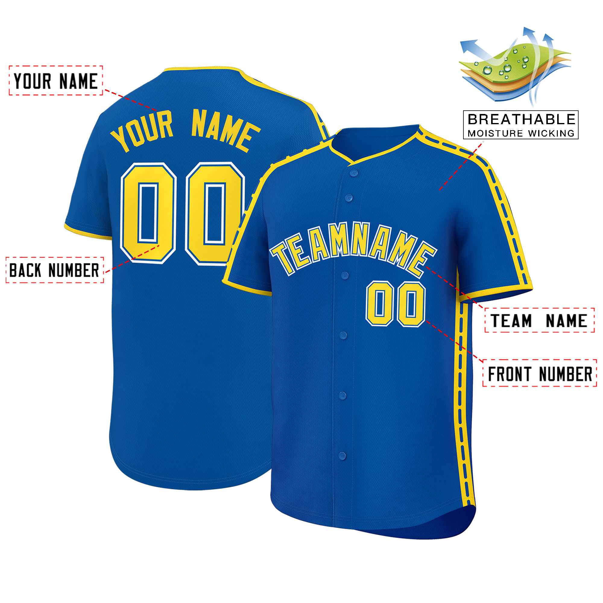 Custom Royal Gold Color Block Personalized Side Dotted Line Authentic Baseball Jersey