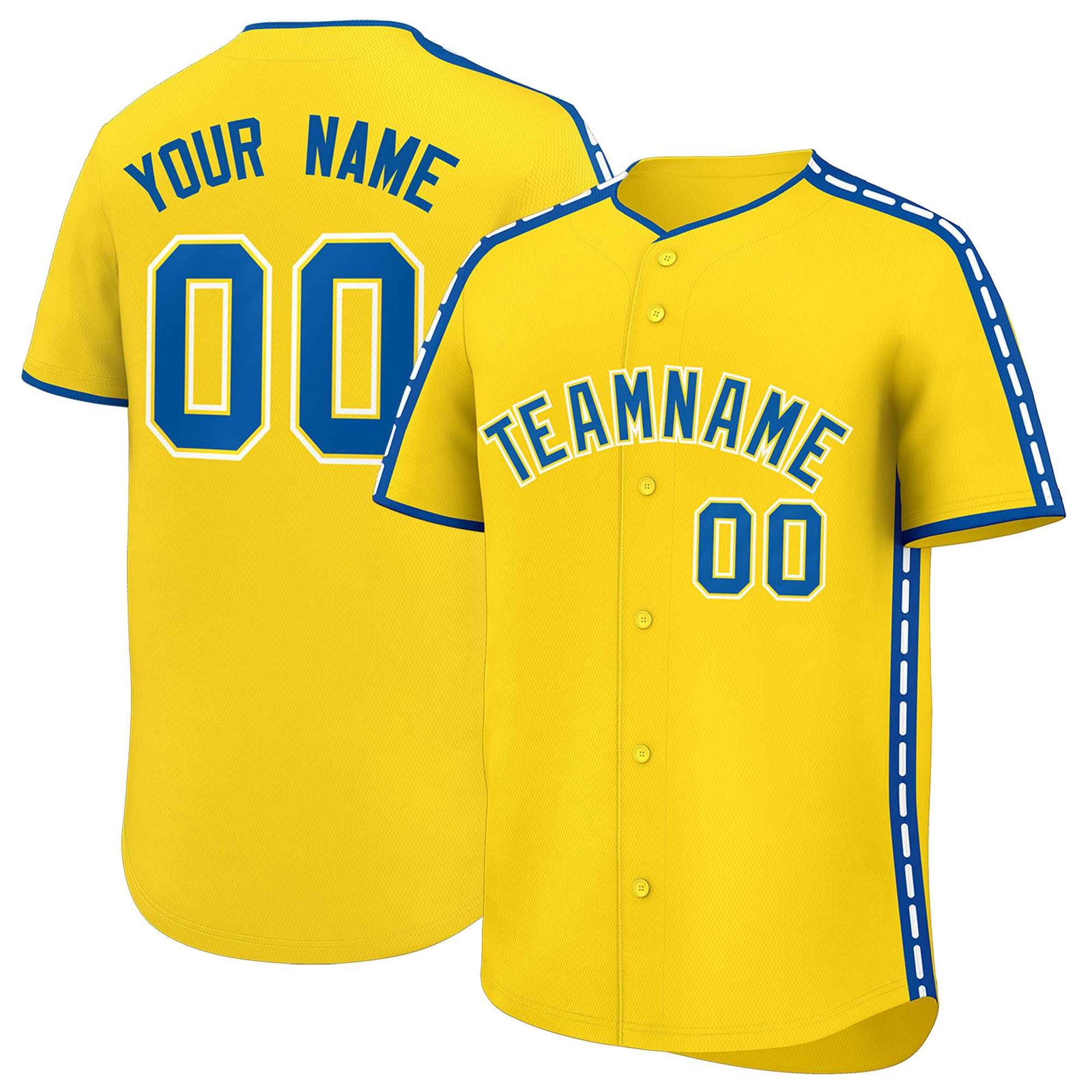 Custom Gold Royal Color Block Personalized Side Dotted Line Authentic Baseball Jersey
