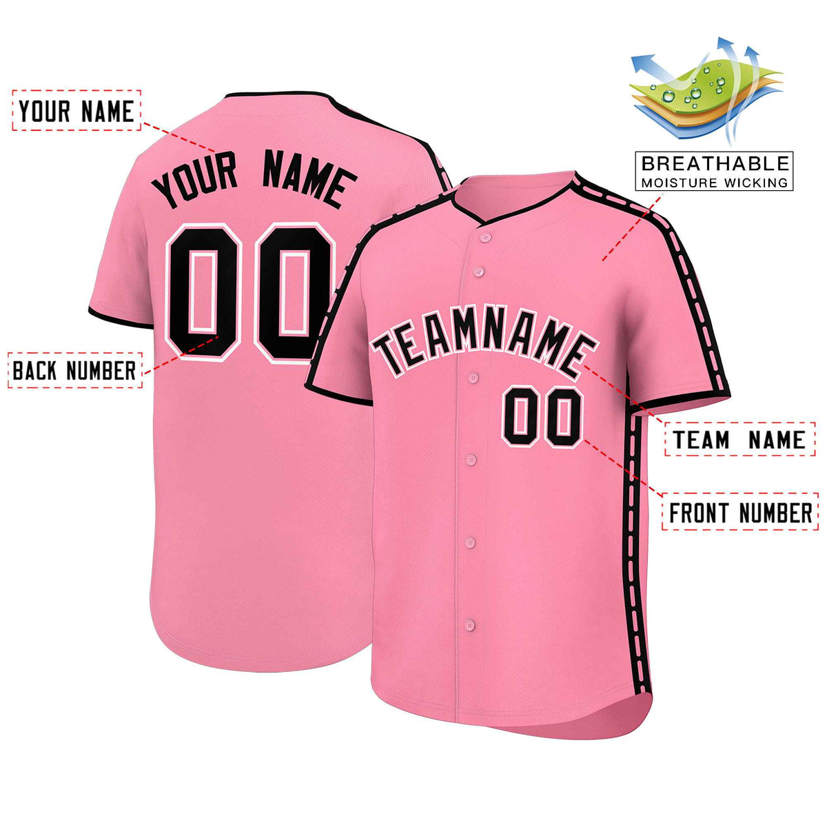 Custom Light Pink Black Color Block Personalized Side Dotted Line Authentic Baseball Jersey