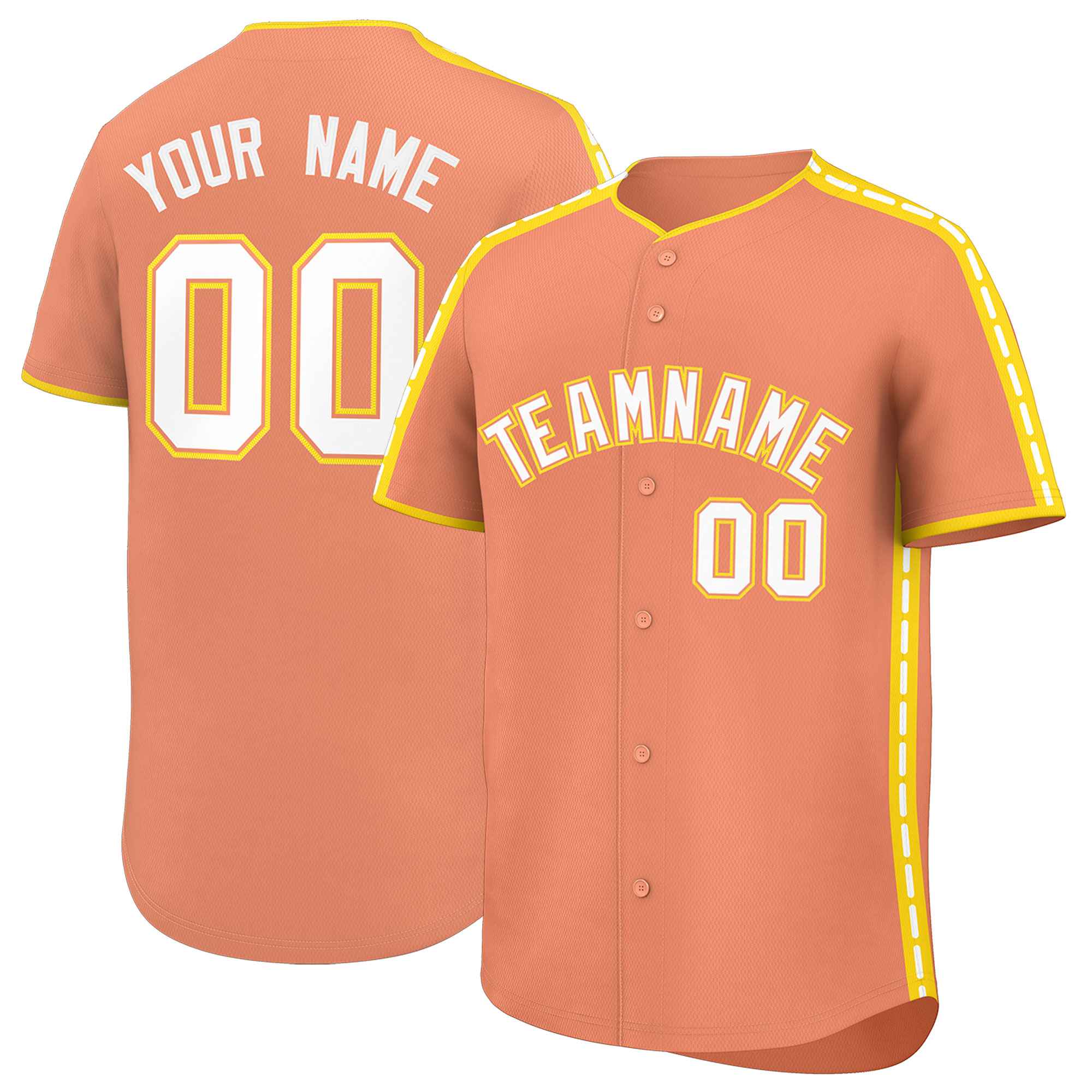 Custom Light Orange Gold Color Block Personalized Side Dotted Line Authentic Baseball Jersey