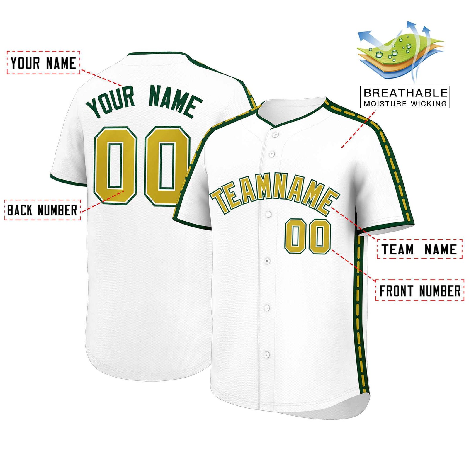 Custom White Green Color Block Personalized Side Dotted Line Authentic Baseball Jersey