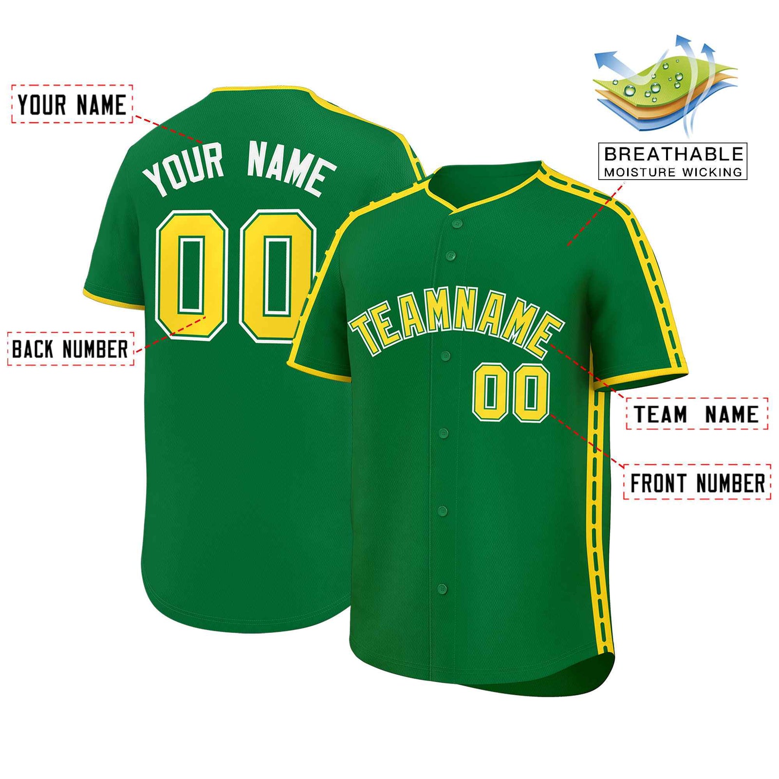 Custom Kelly Green Gold Color Block Personalized Side Dotted Line Authentic Baseball Jersey